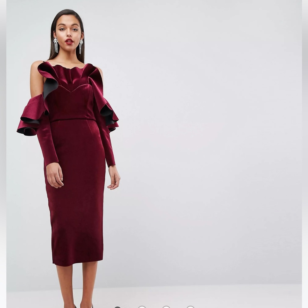 Asos bonded velvet ruffle long sleeve midi dress